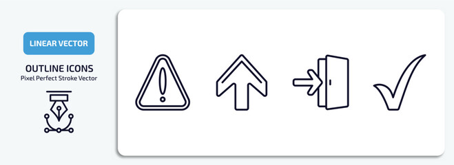 Poster - signs outline icons set. signs thin line icons pack included alert, up, exit right arrow, tick vector.