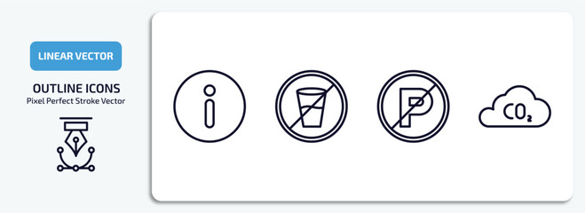 Poster - signs outline icons set. signs thin line icons pack included info, no drinks, no parking, co2 vector.