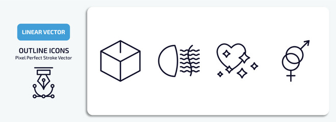 Poster - shapes outline icons set. shapes thin line icons pack included blank cube, fog light, heart with shine, male and female vector.