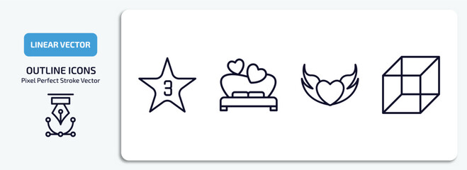 Poster - shapes outline icons set. shapes thin line icons pack included star with number three, wedding night, devil heart with wings, geometry cube vector.
