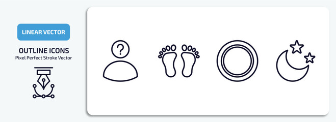 Poster - shapes outline icons set. shapes thin line icons pack included character, human foot prints, blank circle, moon and stars vector.