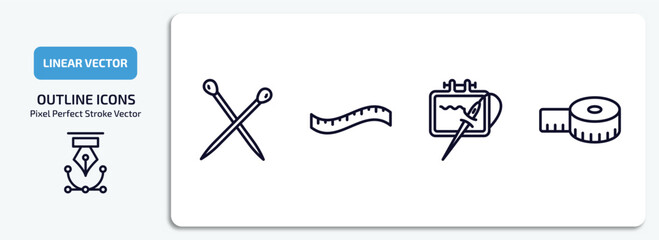 sew outline icons set. sew thin line icons pack included pins, measuring tape, needlework, tape vector.