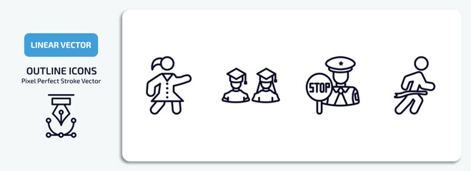 Poster - people outline icons set. people thin line icons pack included scholar girl front, students, traffic police, running at finish line vector.