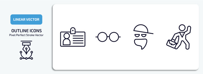 Poster - people outline icons set. people thin line icons pack included identification pass, couple of glasses, gangsters, businessman dancing vector.