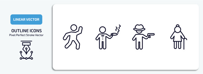 Poster - people outline icons set. people thin line icons pack included dancing man, smoking man, criminal heist, old lady walking vector.