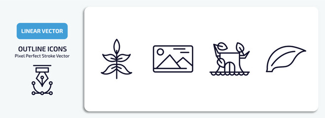 Poster - nature outline icons set. nature thin line icons pack included sprig with five leaves, landscape inside frame, stump house, element vector.