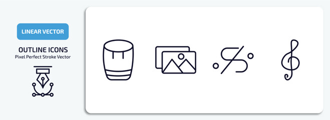 Poster - music and media outline icons set. music and media thin line icons pack included bongo, album, segno, treble clef vector.