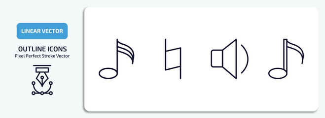Poster - music and media outline icons set. music and media thin line icons pack included demisemiquaver, natural, low volume speaker, semiquaver vector.