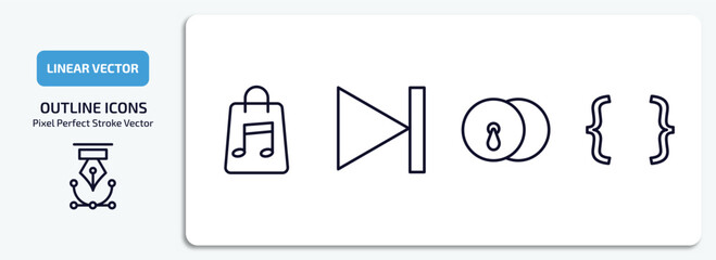 Poster - music and media outline icons set. music and media thin line icons pack included music store, skip, cymbals, brace vector.