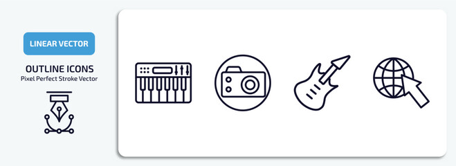Poster - music and media outline icons set. music and media thin line icons pack included synthesizer, photo camera, bass guitar, globe with pointer vector.