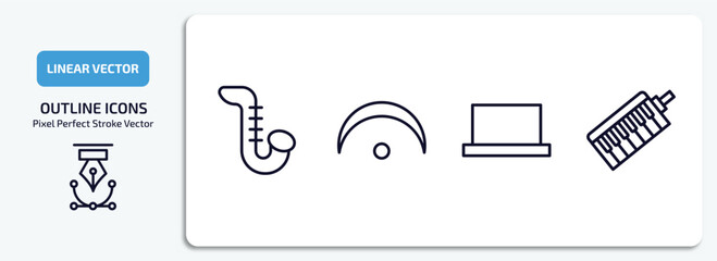 Poster - music and media outline icons set. music and media thin line icons pack included saxophone, fermata, half rest, melodica vector.