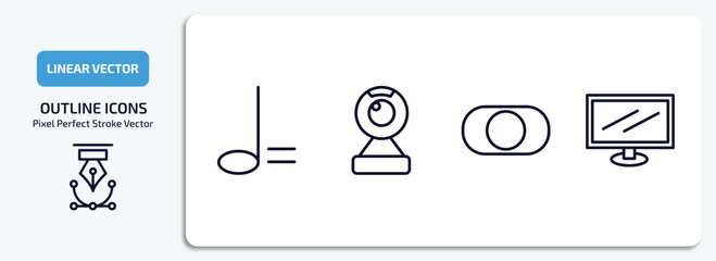 Poster - music and media outline icons set. music and media thin line icons pack included minim, webcam video call, rec, television screen off vector.