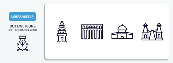 Poster - monuments outline icons set. monuments thin line icons pack included cambodia, segovia aqueduct, dome of the rock, bridge of the west vector.
