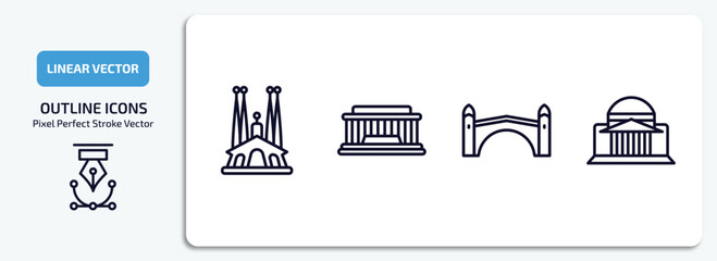 Poster - monuments collection. outline icons set. monuments collection. thin line icons pack included spain, national mall, stari most, bay vector.