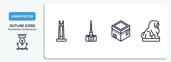 Poster - monuments outline icons set. monuments thin line icons pack included circle, cathedral, kaaba building, imperial guardian lion vector.