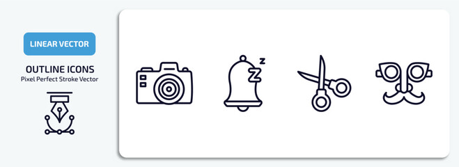 Aufkleber - miscellaneous outline icons set. miscellaneous thin line icons pack included camera front, snooze, scissor, fun glasses vector.