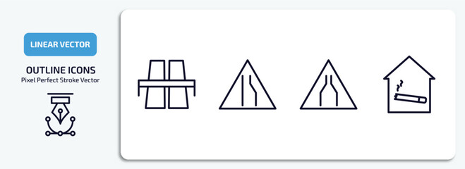 Poster - maps and flags outline icons set. maps and flags thin line icons pack included flyover bridge, narrow right lane, narrow two lanes, smoking place vector.