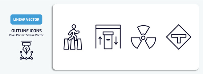 Poster - maps and flags outline icons set. maps and flags thin line icons pack included crossing road caution, inmigration check point, radiactive, t road intersection vector.