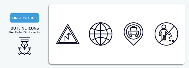 Poster - maps and flags outline icons set. maps and flags thin line icons pack included right reverse curve, earth gobe, taxi stop, no littering vector.