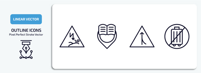Poster - maps and flags outline icons set. maps and flags thin line icons pack included electrocution risk, reading zone, road joining, no luggage vector.