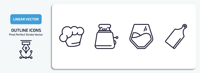 Poster - kitchen outline icons set. kitchen thin line icons pack included chef hat, toaster, glass, cutting board vector.