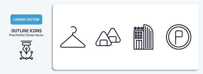 Poster - hotel and restaurant outline icons set. hotel and restaurant thin line icons pack included hanger, onigiri, hotel, parking vector.