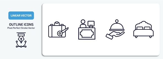 Poster - hotel and restaurant outline icons set. hotel and restaurant thin line icons pack included left-luggage, reception, restaurant tray, beds vector.