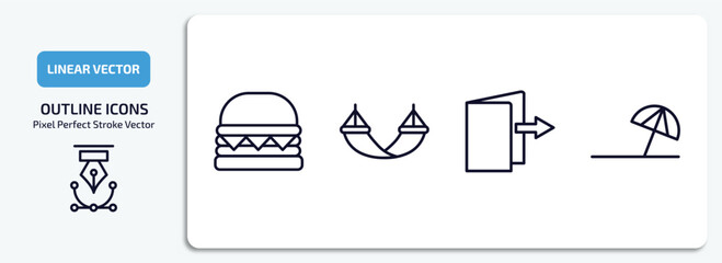 Poster - hotel and restaurant outline icons set. hotel and restaurant thin line icons pack included cheese burger, hammock, check out, beach umbrella vector.
