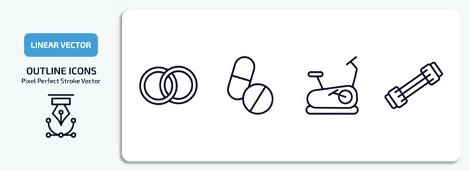 Poster - health and medical outline icons set. health and medical thin line icons pack included rings, pills, stationary bike, chest expander vector.