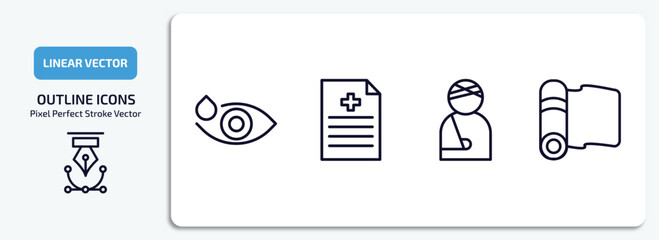Poster - health and medical outline icons set. health and medical thin line icons pack included eye drops, medical file, injury, yoga mat vector.