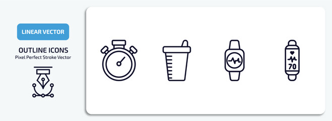 Poster - gym and fitness outline icons set. gym and fitness thin line icons pack included big stopwatch, protein shake, fitness watch, tracker vector.