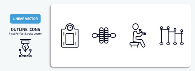 Poster - gym and fitness outline icons set. gym and fitness thin line icons pack included weighing scale, gymnastic roller, dumbbells exercise, horizontal bar vector.
