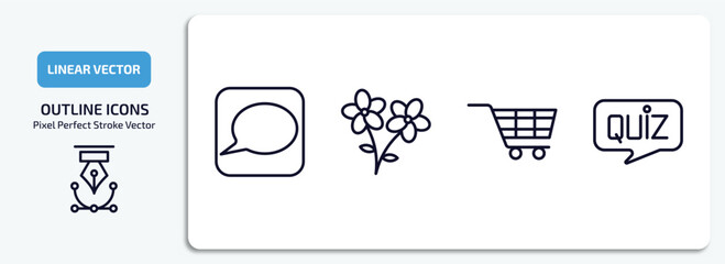 Poster - general outline icons set. general thin line icons pack included message app, daisy bouquet, shopping trolley, quiz vector.