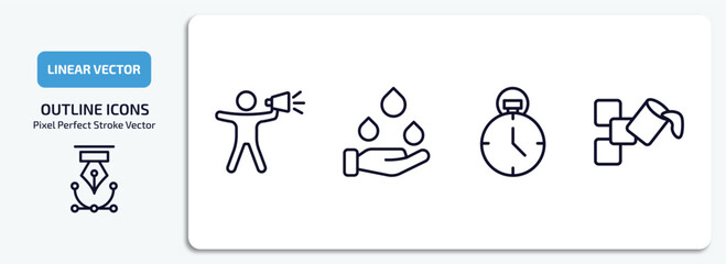 Poster - general outline icons set. general thin line icons pack included leader with loudspeaker, save water badge, analog stopwatch, live paint vector.