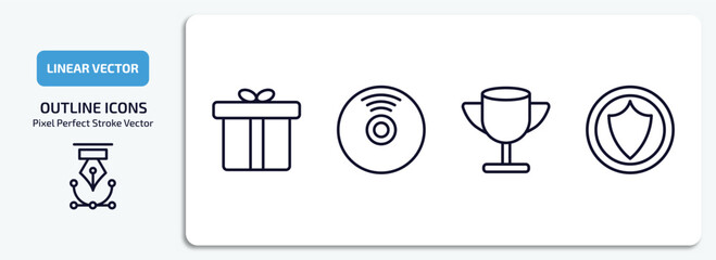 Poster - general outline icons set. general thin line icons pack included gift box with ribbon, cd record, winning, insurance with a button vector.