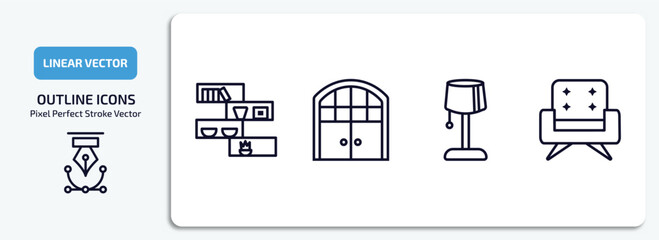 Poster - furniture & household outline icons set. furniture & household thin line icons pack included shelf, double door, bedroom lamp, fauteuil vector.