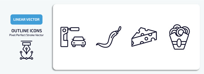 Poster - food outline icons set. food thin line icons pack included drive through, spicy food, cheese wedge, onion rings vector.