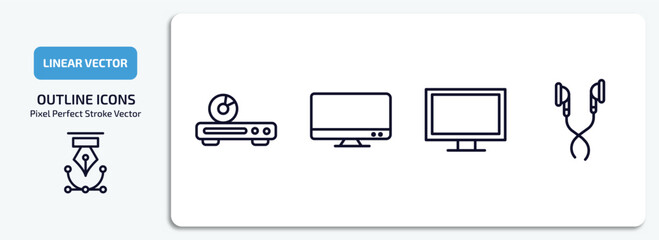 Poster - electronic devices outline icons set. electronic devices thin line icons pack included dvd player, television, lcd, earphones vector.