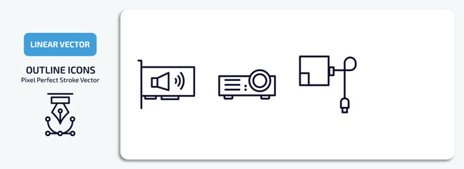 Poster - electronic devices outline icons set. electronic devices thin line icons pack included sound card, projector, lisa, magsafe vector.