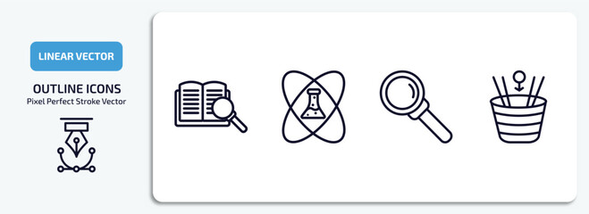 Poster - education outline icons set. education thin line icons pack included book and magnifier, experimentation, magnification lens, spacetime curvature vector.