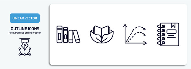Poster - education outline icons set. education thin line icons pack included library books, eco book, ballistic, notebook with bookmark vector.