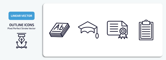 Poster - education outline icons set. education thin line icons pack included 3d dictionary, graduation mortarboard, diploma with seal, written clipboard vector.