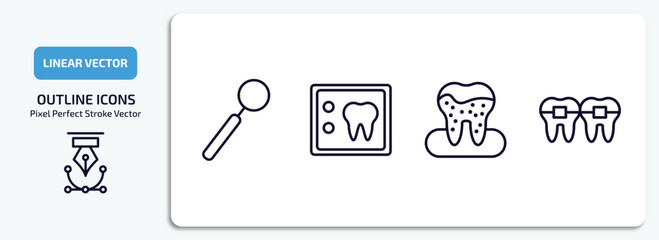 Wall Mural - dentist outline icons set. dentist thin line icons pack included dentist mirror, dental x ray, dental plaque, dental brackets vector.