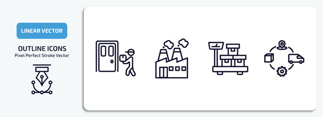 Poster - delivery and logistic outline icons set. delivery and logistic thin line icons pack included delivery to the door, factory, weighing, supply chain vector.