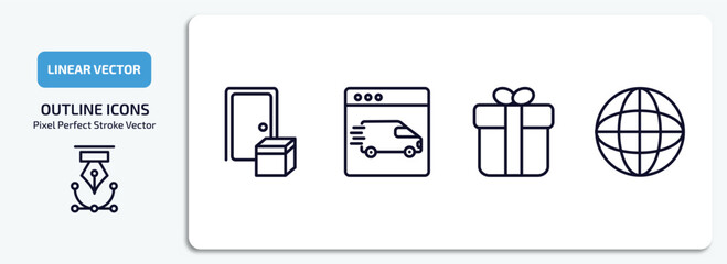 Poster - delivery and logistic outline icons set. delivery and logistic thin line icons pack included on door delivery, by website, gift, earth grid vector.