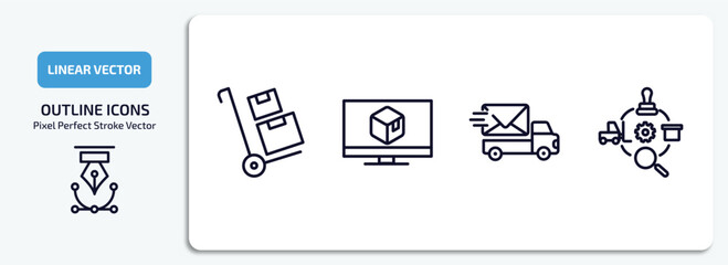 Poster - delivery and logistic outline icons set. delivery and logistic thin line icons pack included package on trolley, delivery monitor, express mail, logistics vector.