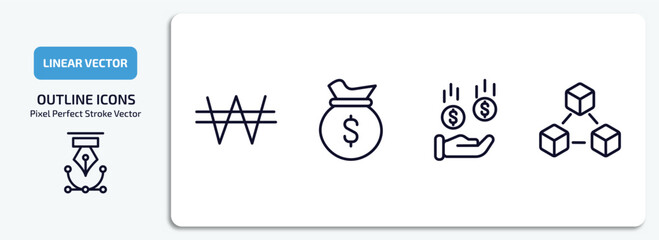 Poster - cryptocurrency outline icons set. cryptocurrency thin line icons pack included won, money bag, banki