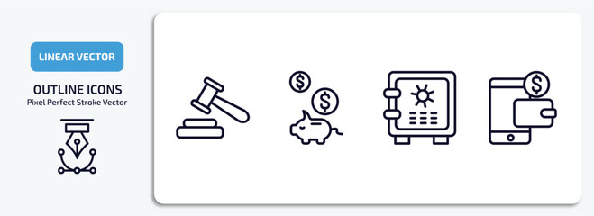 Poster - cryptocurrency outline icons set. cryptocurrency thin line icons pack included auction hammer, piggy bank, strongbox, digital wallet vector.