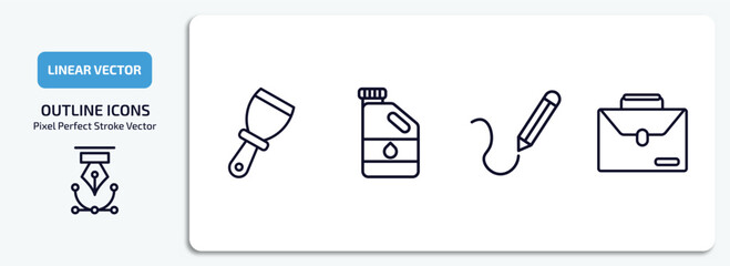Poster - construction tools outline icons set. construction tools thin line icons pack included putty knife, gallon oil, drawing, businessman portfolio vector.