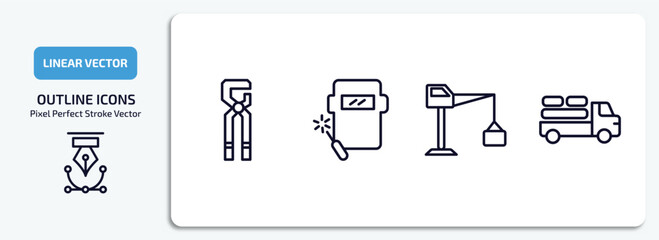Poster - construction outline icons set. construction thin line icons pack included big clippers, welding, big derrick with boxes, truck with load vector.